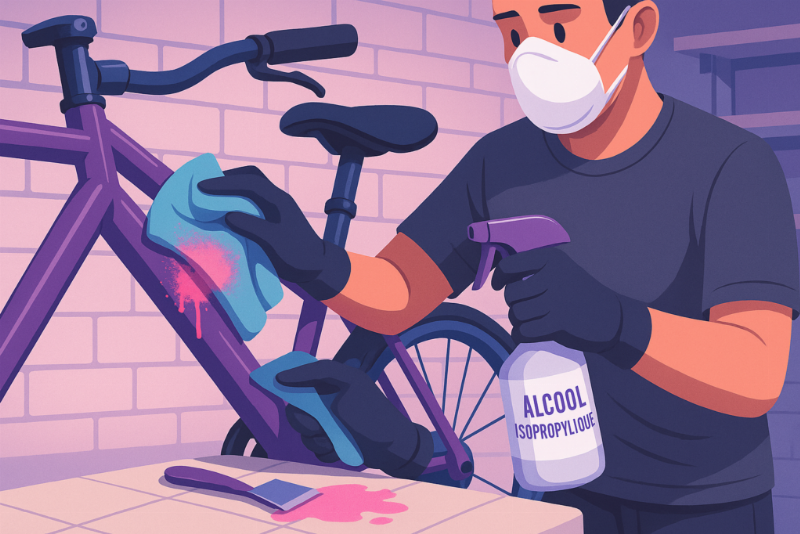 Matériaux et outils essentiels pour une peinture bombe velo réussie, incluant apprêt, peinture, vernis, papier de verre et protections.