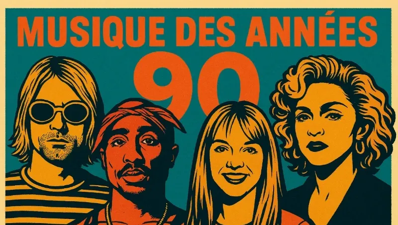 Une illustration stylisée représentant diverses icônes musicales comme une guitare électrique, un micro, des synthétiseurs, et des partitions de musique, symbolisant la diversité et la richesse de la liste de musique pop rock française.