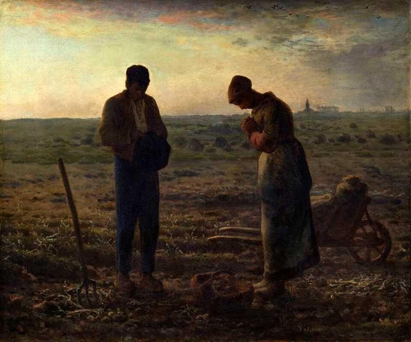 L'Angélus de Jean-François Millet, capturant l'instant de prière des paysans dans le champ, une scène emblématique de la dignité rurale et de la spiritualité simple.