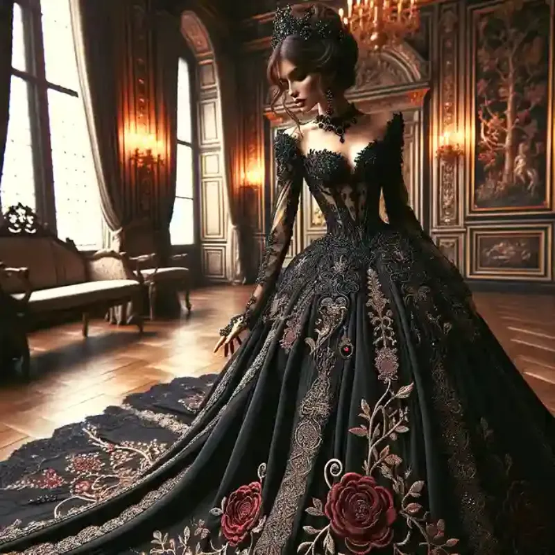 Mode gothique française élégante avec des touches de dentelle et de velours, mettant en valeur des créations raffinées pour une boutique gothique en France.