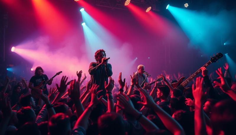 Musiciens sur scène créant une ambiance sonore électrique lors d'un festival musical