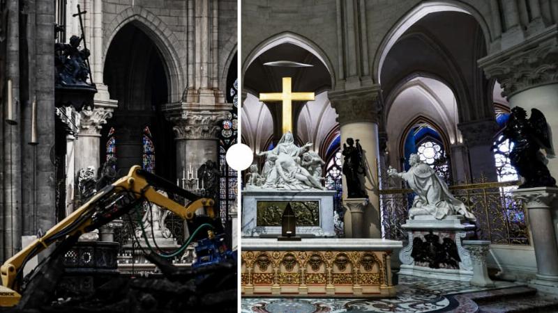 Comparaison Notre-Dame avant après restauration, symboles réouverture