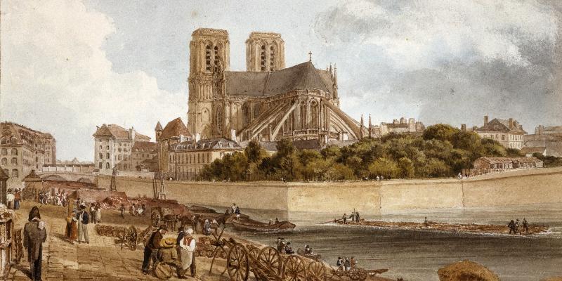 Représentation d'un chantier médiéval de Notre-Dame de Paris avec ouvriers