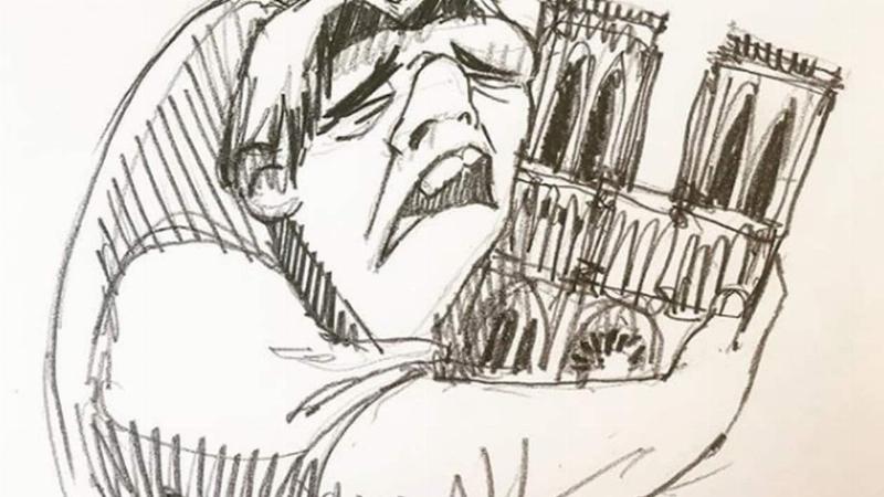 Illustration représentant Quasimodo et Esmeralda devant la Cathédrale Notre-Dame de Paris