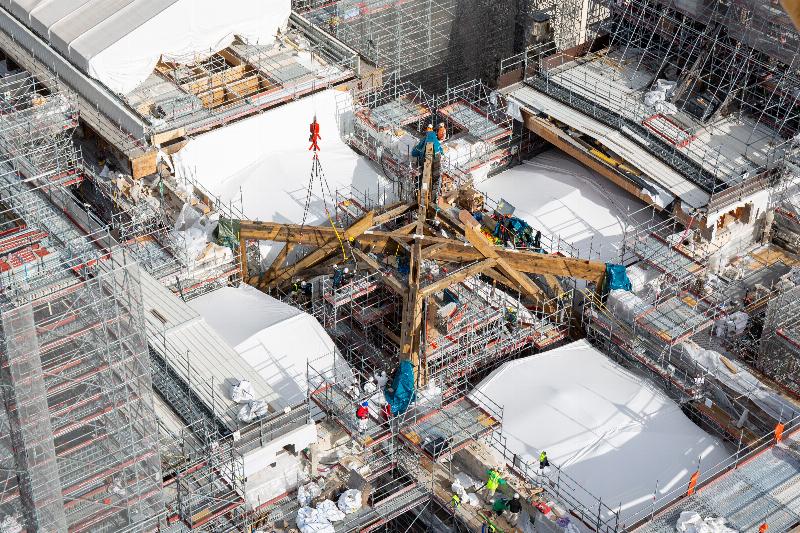 Vue aérienne du chantier de reconstruction de Notre-Dame de Paris, échafaudages dressés