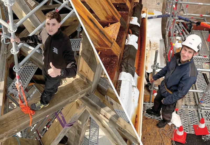 Ouvriers reconstruisant la charpente de Notre-Dame, symbole de résilience