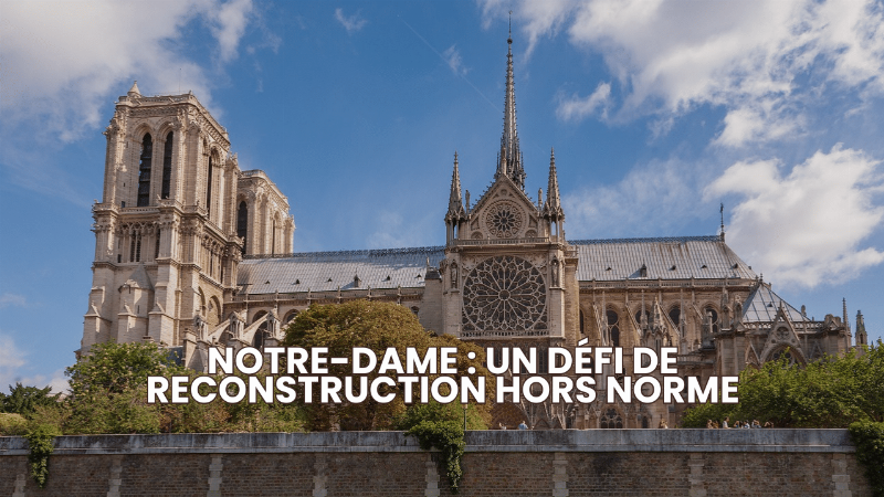 Chantier de restauration de Notre-Dame de Paris, montrant les échafaudages et la résilience, un symbole de renaissance et de patrimoine.