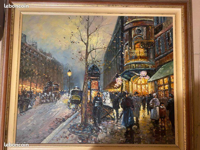 Une élégante scène de rue parisienne à la Belle Époque, avec des fiacres et des passants, dans le style impressionniste.