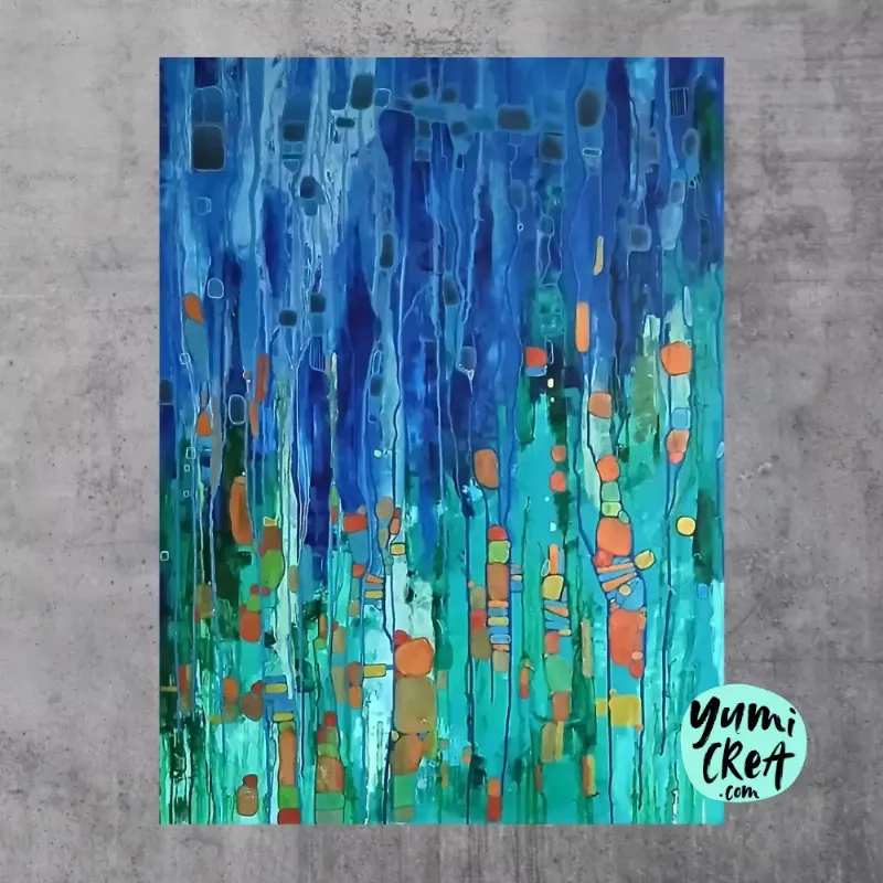 Peinture abstraite moderne acrylique avec des textures riches et des couches profondes de couleur évoquant un paysage émotionnel