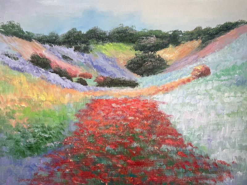 Une peinture vibrante sur un cadre en bois, capturant l'essence de la campagne française, dans un style impressionniste.jpg