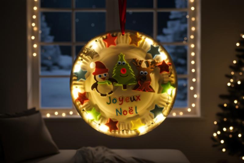 Créations de peinture de Noël faites par des enfants accrochées à un sapin