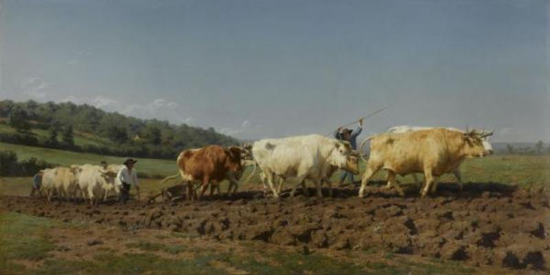 Scène rurale de peinture réaliste française montrant des paysans au travail dans un champ