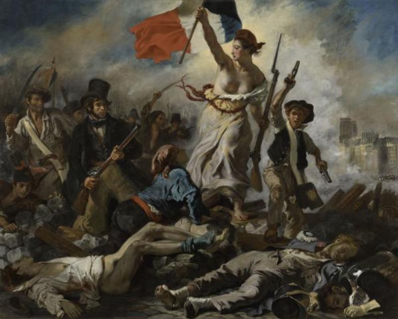 Peinture rouge de Delacroix, "La Liberté guidant le peuple", symbole national français.