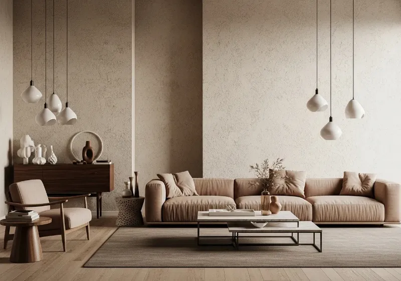 Mur décoratif avec peinture sable métallisé dans un salon chic parisien, ambiance chaleureuse