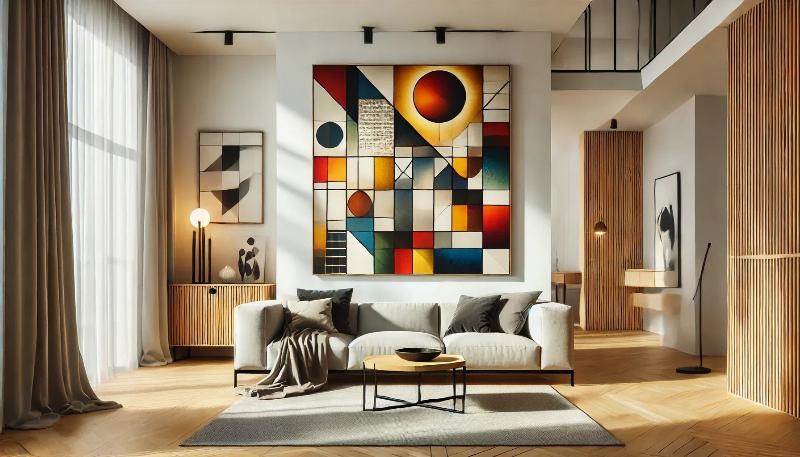 Peinture sur toile moderne avec des formes géométriques colorées et équilibrées.