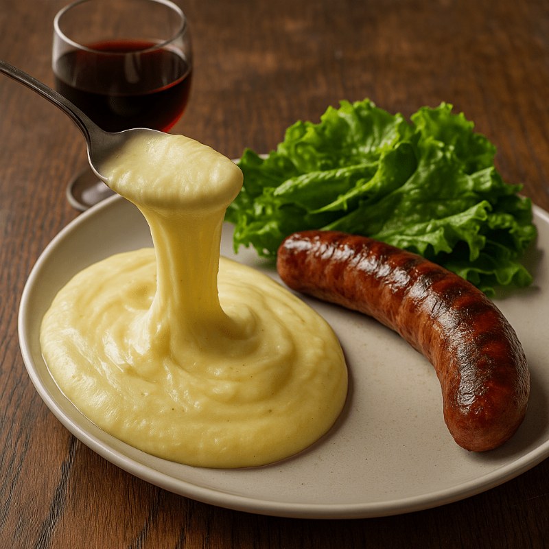 Un plat d'Aligot filant accompagné d'une saucisse d'Auvergne grillée sur une table rustique.