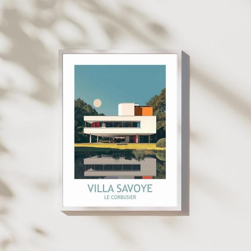 Un poster minimaliste de la Villa Savoye de Le Corbusier, emblème du poster architecture moderne en France