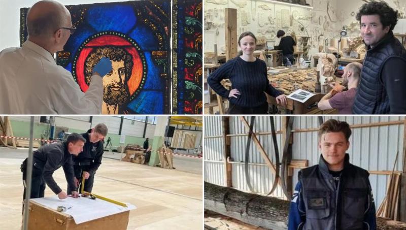 Équipe d'artisans travaillant sur la reconstruction de la charpente de Notre-Dame de Paris. 