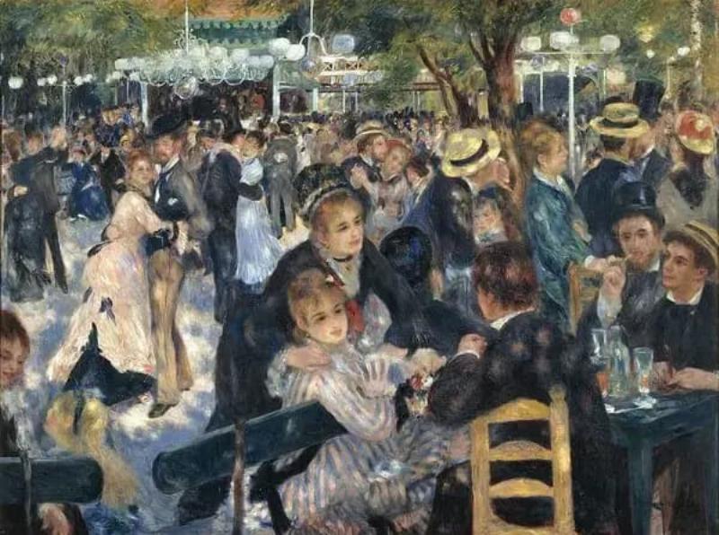 Le Bal du moulin de la Galette de Renoir, une scène animée de la vie parisienne avec des figures et des jeux de lumière