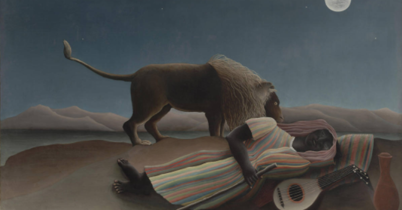 La Bohémienne endormie d'Henri Rousseau, lion et femme endormie sous la lune, symbolisme naïf