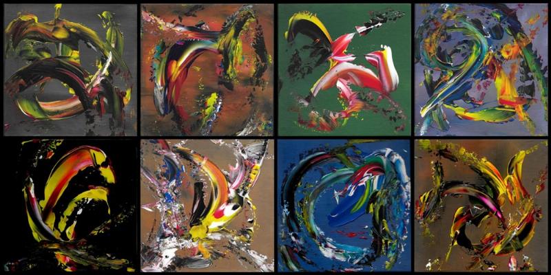 Un artiste expliquant son tableau à un visiteur dans un salon de peinture contemporaine