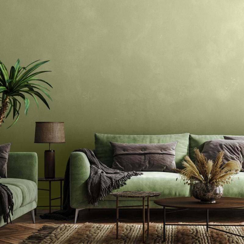 Un salon moderne avec des murs recouverts de peinture effet tadelakt, créant une ambiance chaleureuse et lumineuse