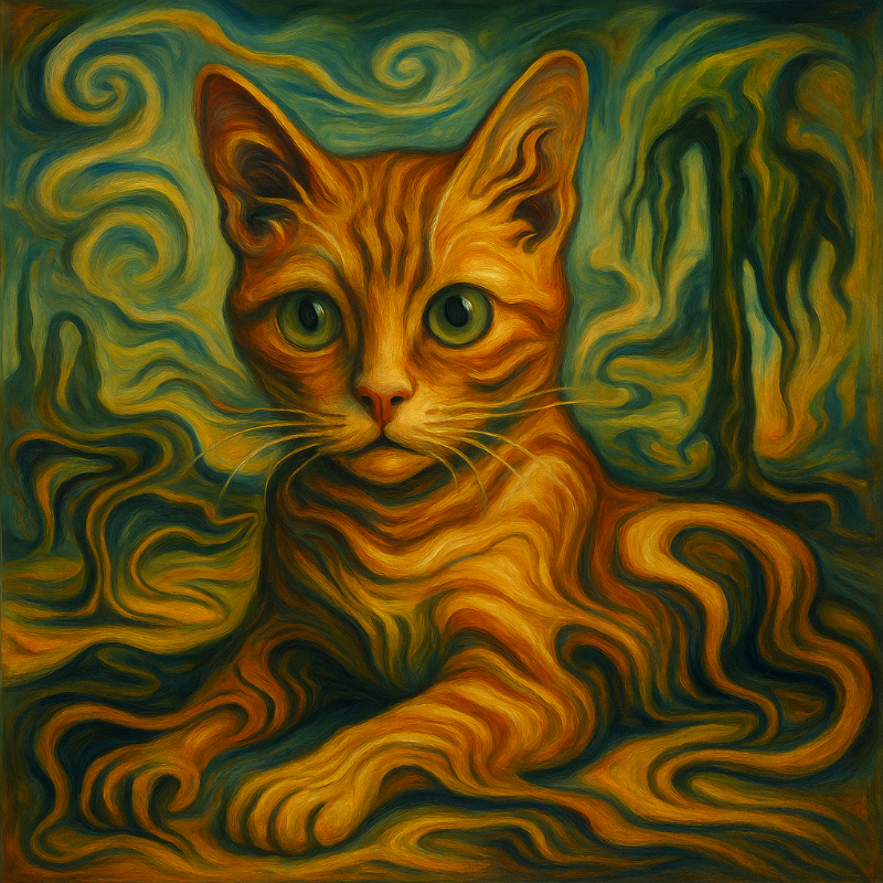 Portrait surréaliste de Salvador Dalí avec ses moustaches emblématiques et des éléments oniriques