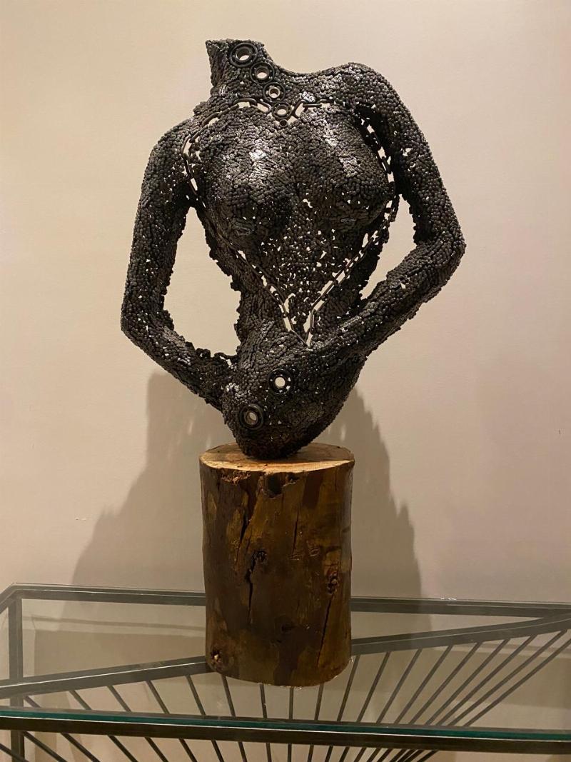 Sculpture en métal design abstraite et élégante, mettant en valeur la texture et la patine du métal.