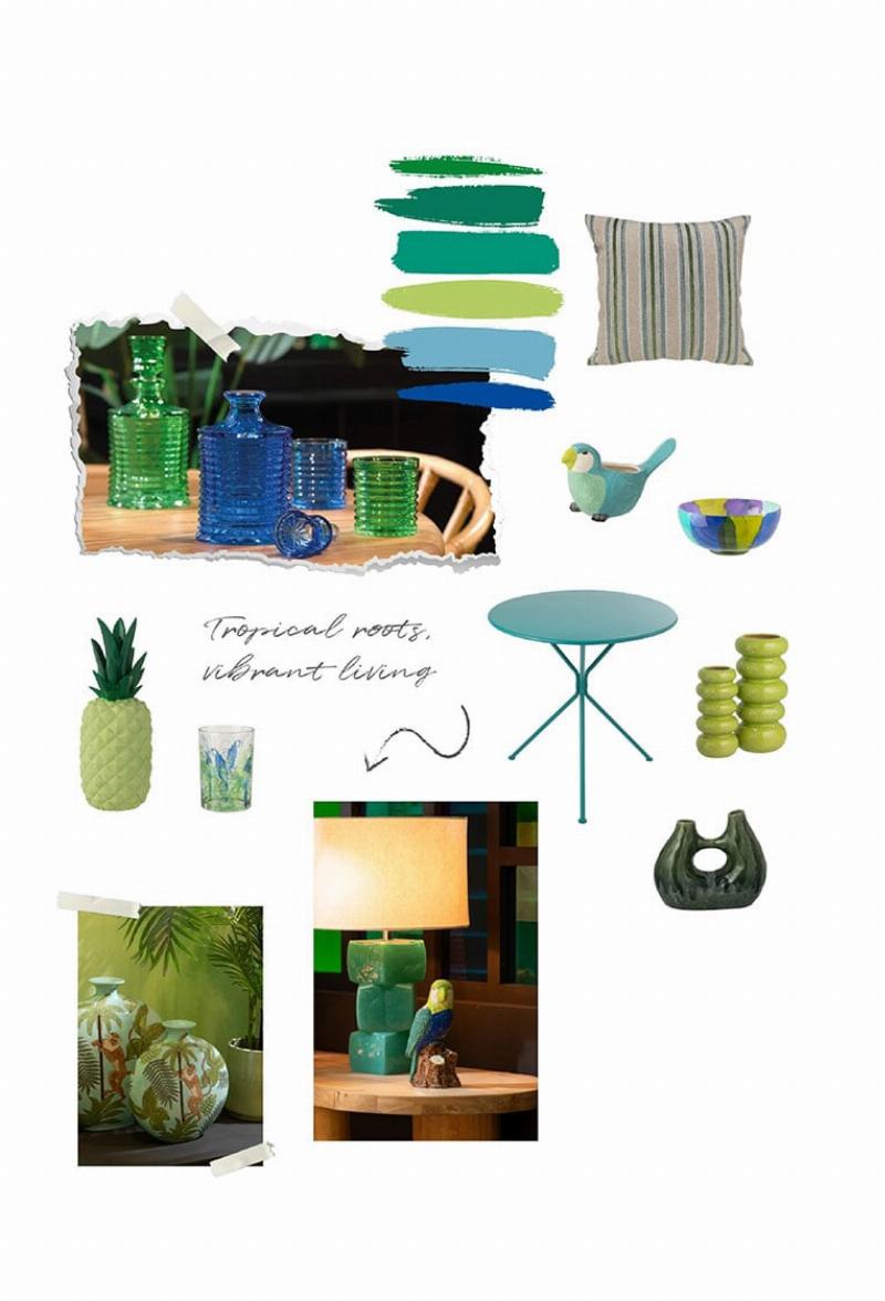 Statue de chien colorée placée sur une terrasse moderne, entourée de plantes vertes et de mobilier d'extérieur contemporain.