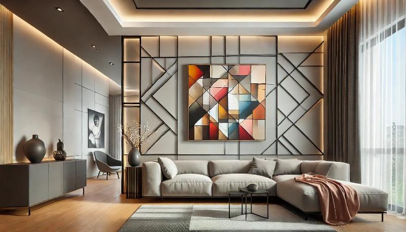 Statue de coq moderne et abstraite, aux formes géométriques audacieuses.