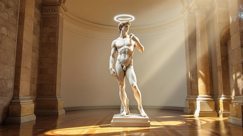La statue de David de Michel-Ange, emblème de la Renaissance florentine, incarnant la perfection du corps humain et l'idéal héroïque.