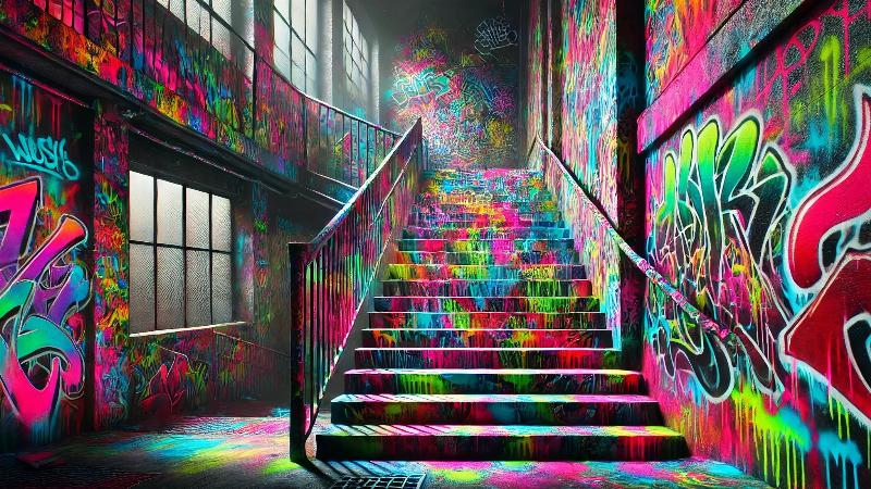 Une statue gorille design dans un style pop art, aux couleurs vives et audacieuses (bleu, rouge, jaune), exposée dans une galerie d'art contemporain.