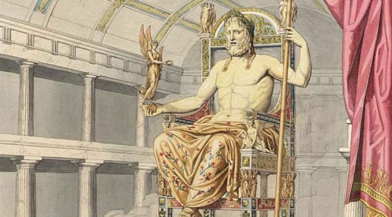 Une reconstitution artistique de la statue chryséléphantine de Zeus à Olympie, une merveille du monde antique. 