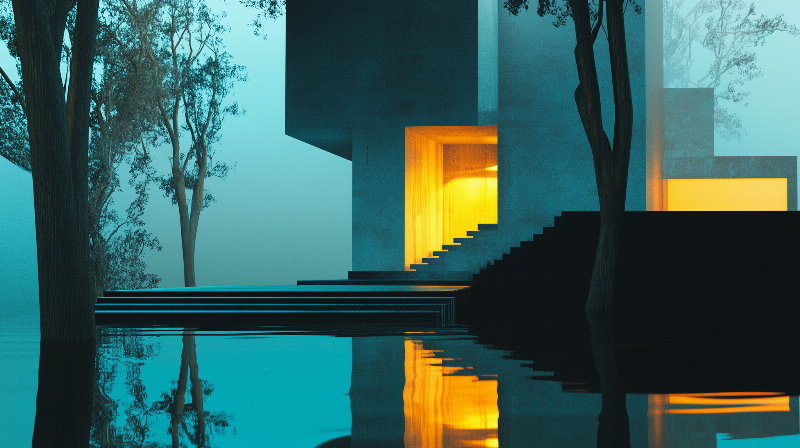 Une scène surréaliste onirique avec des objets flottants, inspirée par une oeuvre d'art moderne surréaliste.