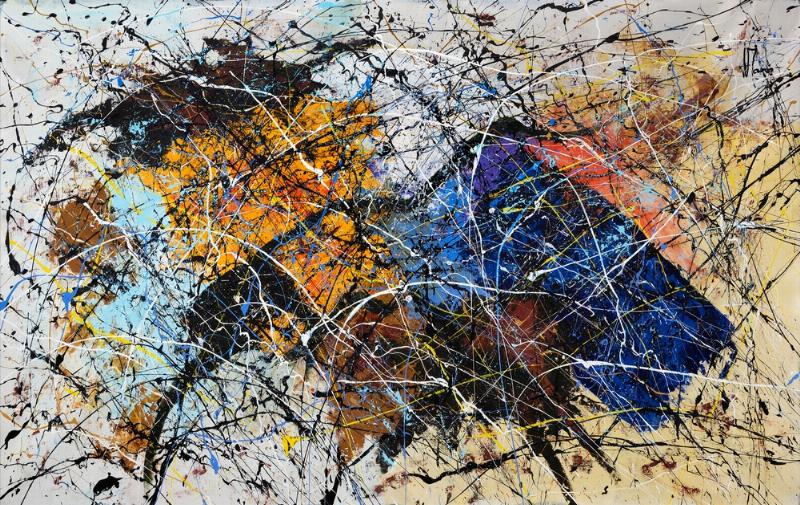 Un artiste peintre français travaillant sur un tableau peinture acrylique contemporain abstrait, avec des couleurs vives et une composition dynamique