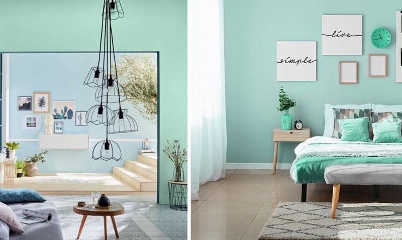 Un salon français lumineux avec des murs peints en vert menthe, des moulures et des meubles anciens.