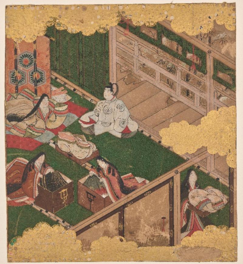 Une scène illustrant la vie de cour élégante et raffinée durant la période Heian, essentielle à la littérature japonaise ancienne