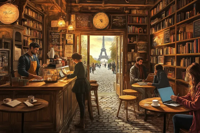 Vieux livres et café français sur une table, créant une ambiance littéraire parisienne