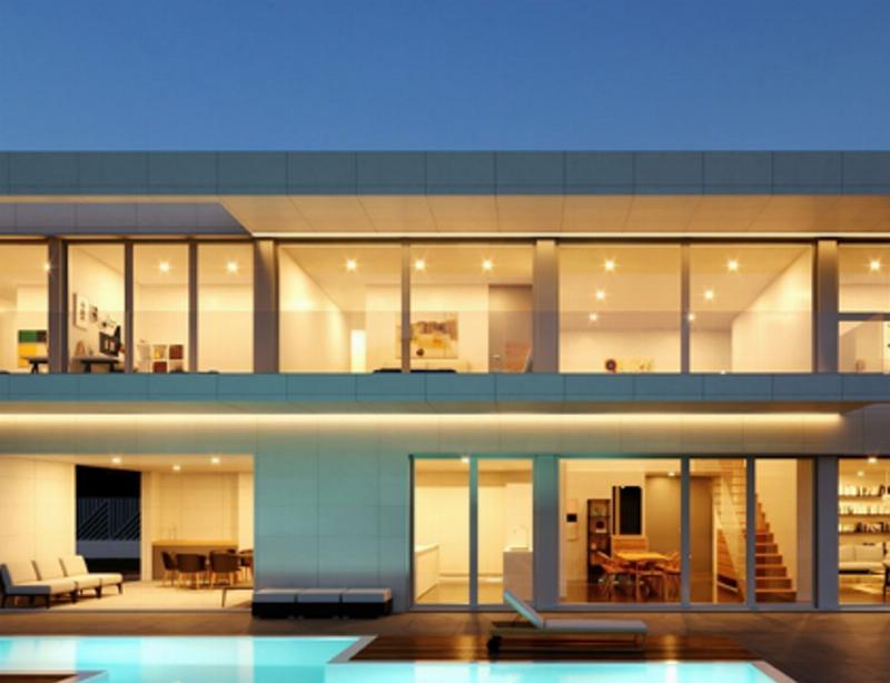 Façade élégante d'une villa architecture moderne française, mélangeant verre, béton et acier pour un design épuré