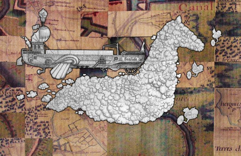 Un village steampunk avec des engrenages, de la machinerie à vapeur et une esthétique industrielle imaginaire ancrée en France