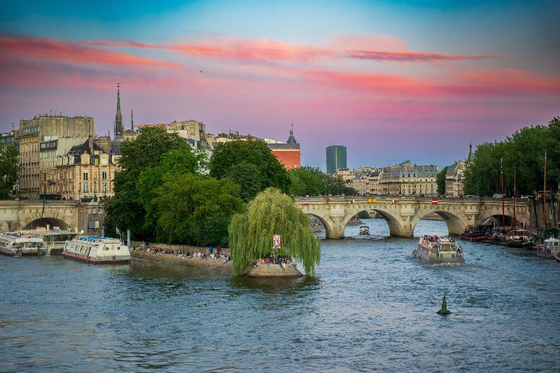 Vue panoramique de la Seine et de Notre-Dame, reflétant l'architecture classique parisienne