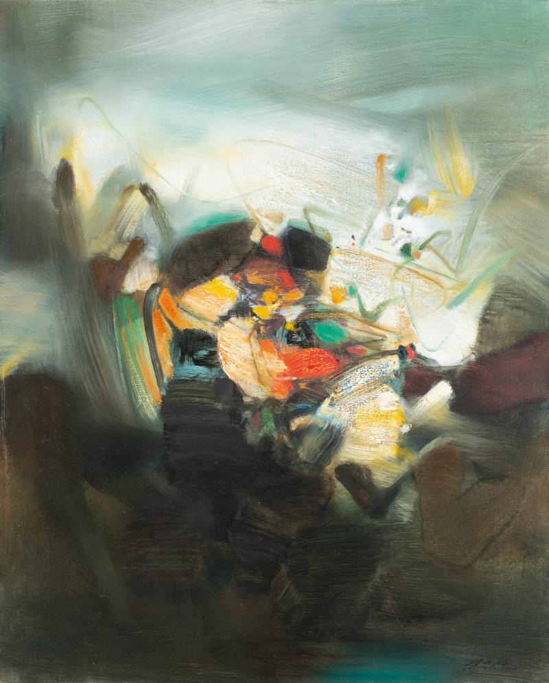 Une composition abstraite vibrante de Zao Wou-Ki, illustrant son lyrisme abstrait avec des jeux de lumière et des espaces profonds