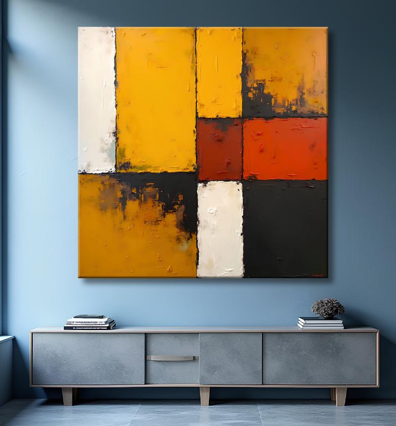 Peinture abstraite minimaliste de coquelicots, dominée par le rouge sur un fond neutre