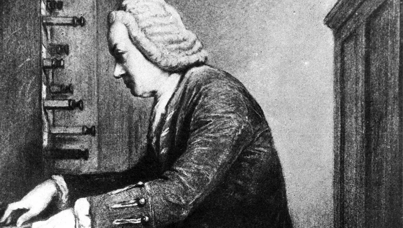 Jean-Sébastien Bach jouant de l'orgue dans une église baroque