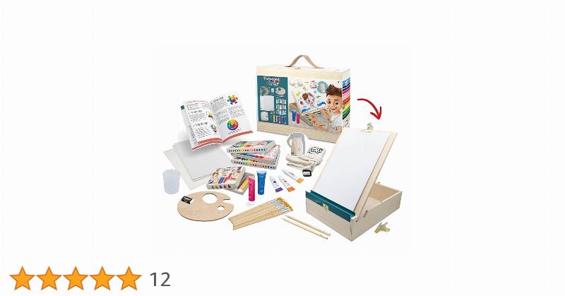 Set de pinceaux variés et tube de peinture acrylique rouge sur une palette en bois, style français