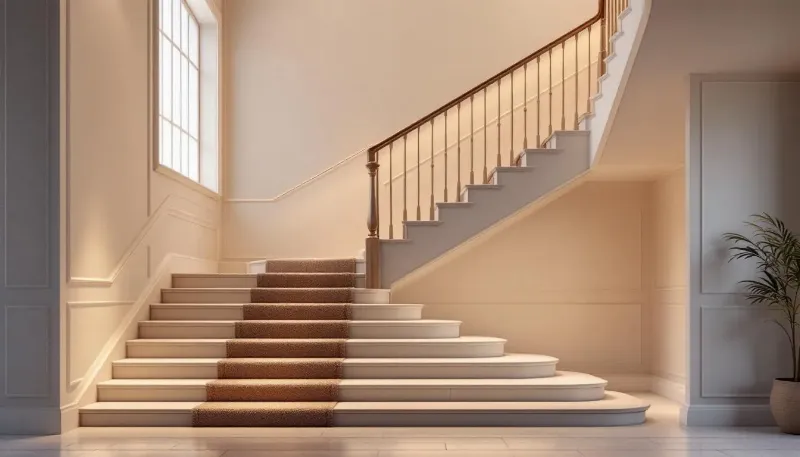 Escalier en béton peint avec marches beige clair et contremarches blanc cassé, créant un contraste doux et lumineux.