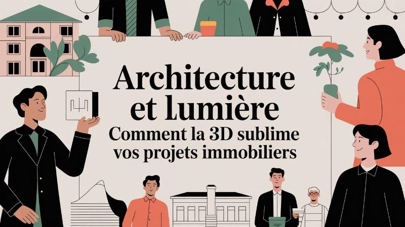 Rendu photoréaliste d'une façade de bâtiment moderne en architecture 3D, éclairée par le soleil couchant