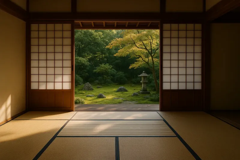 Intérieur d'une maison japonaise traditionnelle avec tatamis et shoji