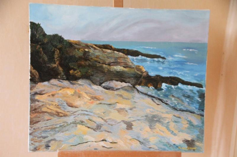 Peinture d'un paysage marin breton avec des nuances de bleu breton, style impressionniste