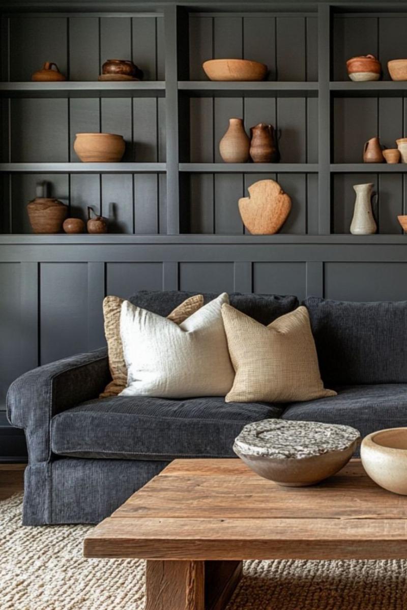 Lambris mural en Gris Anthracite Ral 7016 avec des accents dorés, style Art déco